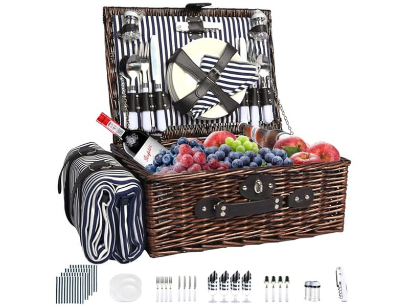 ビンテージスーツケースピクニックバスケット 取り外し可能な赤い靴ラタン付き