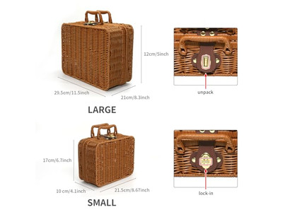 パープルウィッカーピクニックバスケット1人用ポータブルブランケット竹製空モダン