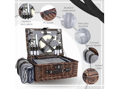 ビンテージスーツケースピクニックバスケット 取り外し可能な赤い靴ラタン付き